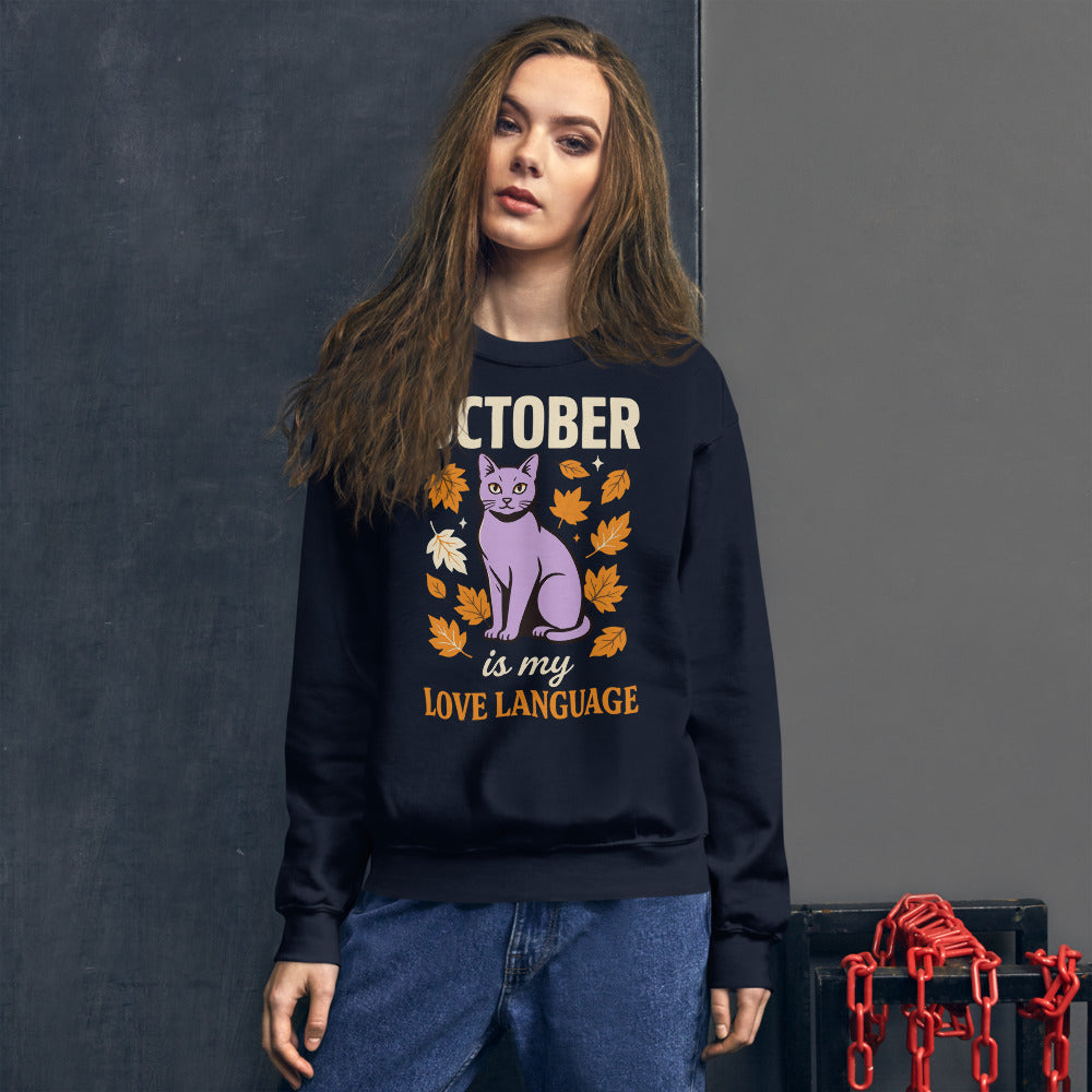 October Is My Love Language retro Halloween black cat crewneck sweatshirt — Navy, on model
