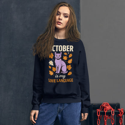 October Is My Love Language retro Halloween black cat crewneck sweatshirt — Navy, on model