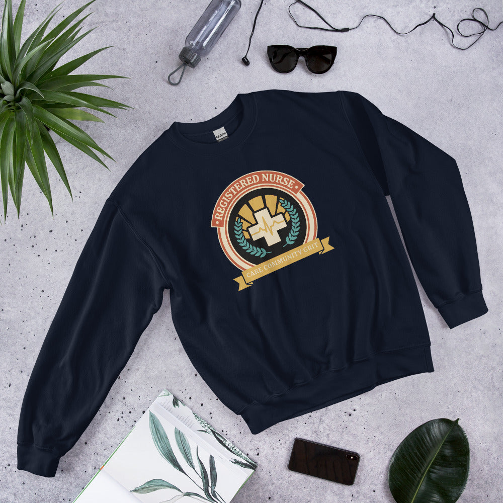 Registered Nurse vintage healthcare emblem badge crewneck sweatshirt — Navy, front-right