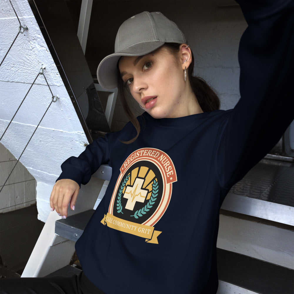 Registered Nurse vintage healthcare emblem badge crewneck sweatshirt — Navy, on model
