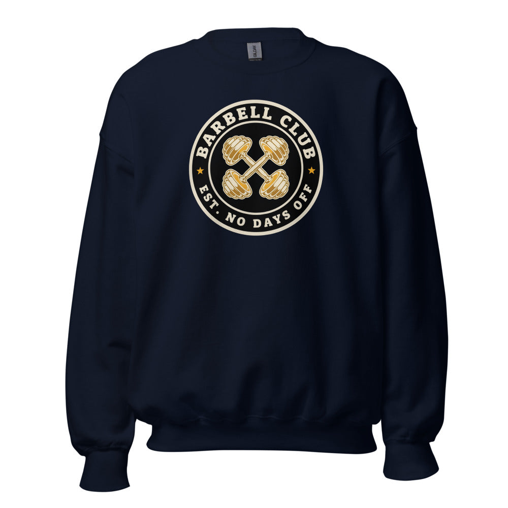 Barbell Club No Days Off vintage gym crewneck sweatshirt — Navy, front