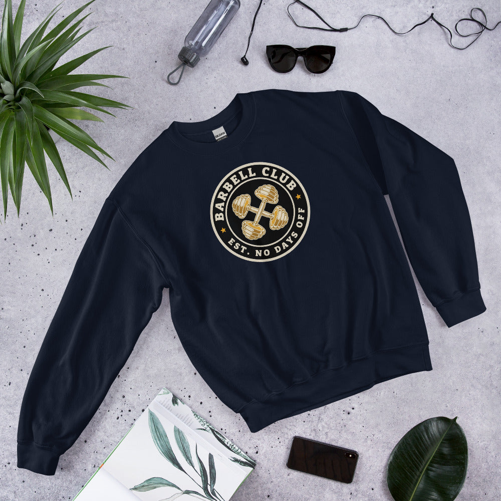 Barbell Club No Days Off vintage gym crewneck sweatshirt — Navy, front-right