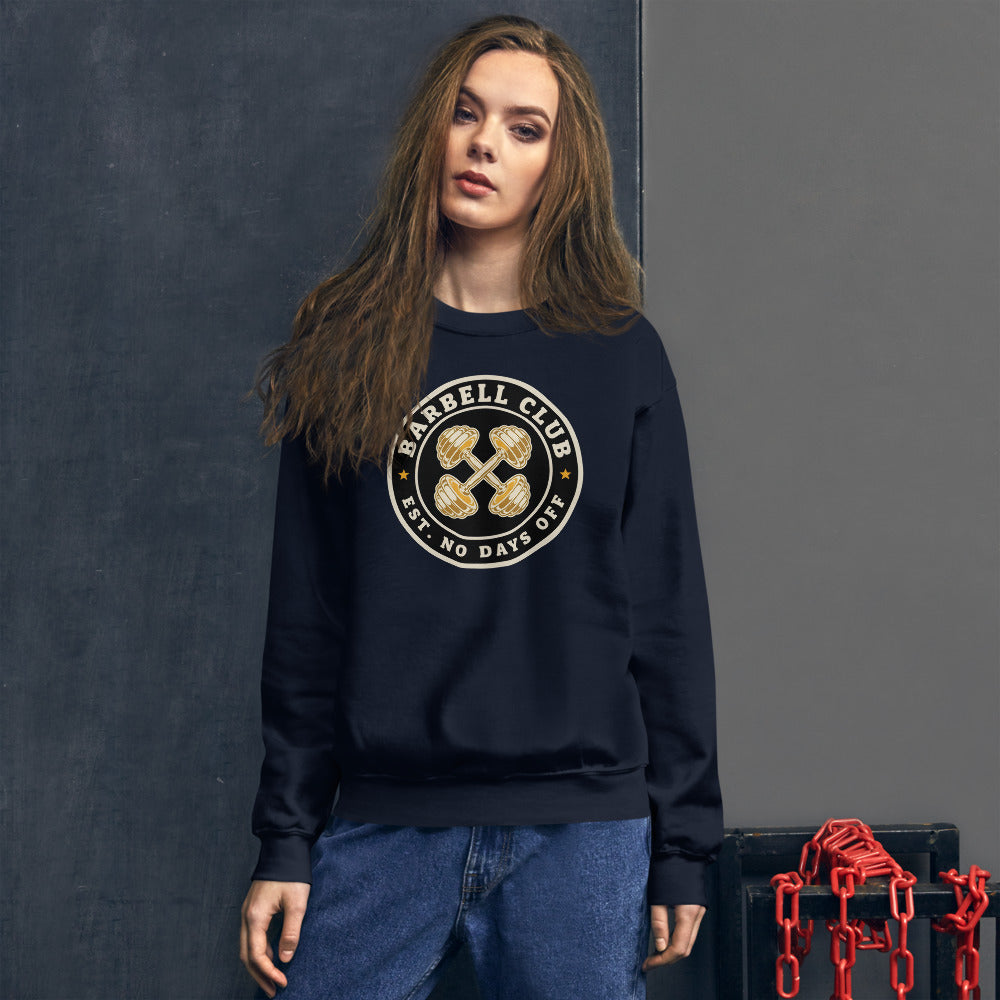 Barbell Club No Days Off vintage gym crewneck sweatshirt — Navy, on model