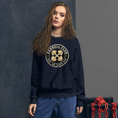 Barbell Club No Days Off vintage gym crewneck sweatshirt — Navy, on model