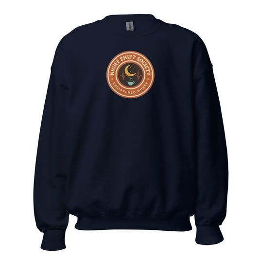 Night Shift Society retro registered nurse badge crewneck sweatshirt — Navy, front