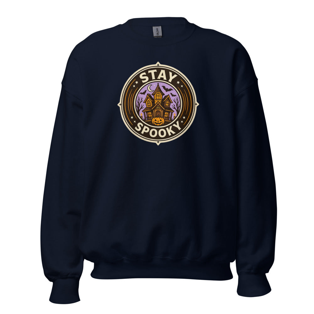 Stay Spooky retro Halloween vintage badge crewneck sweatshirt — Navy, front