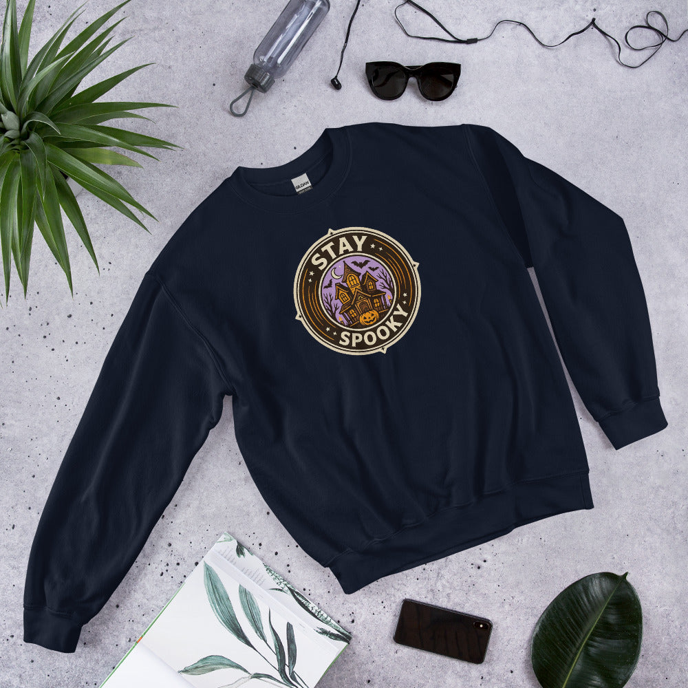 Stay Spooky retro Halloween vintage badge crewneck sweatshirt — Navy, front-right