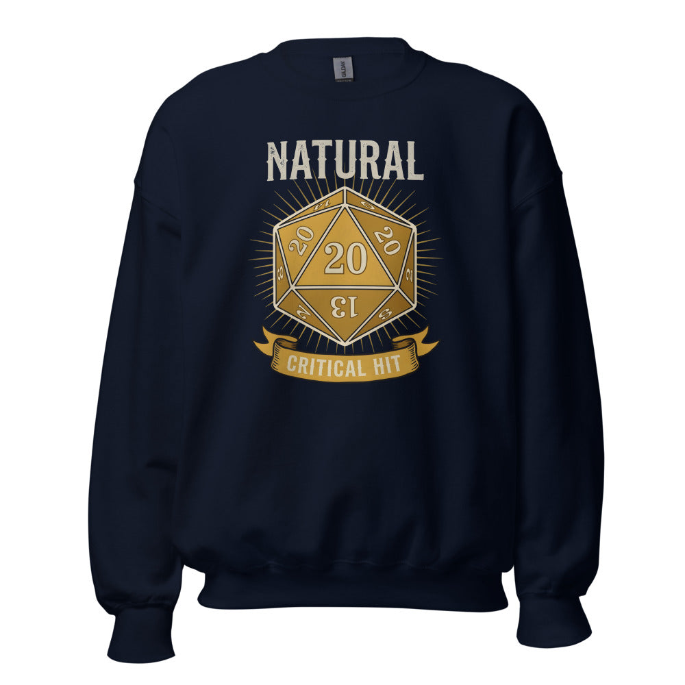 Natural 20 critical hit d20 tabletop RPG crewneck sweatshirt — Navy, front