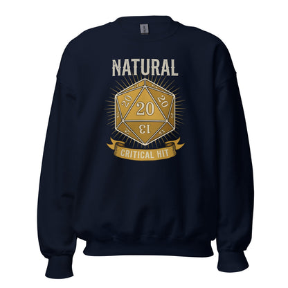 Natural 20 critical hit d20 tabletop RPG crewneck sweatshirt — Navy, front