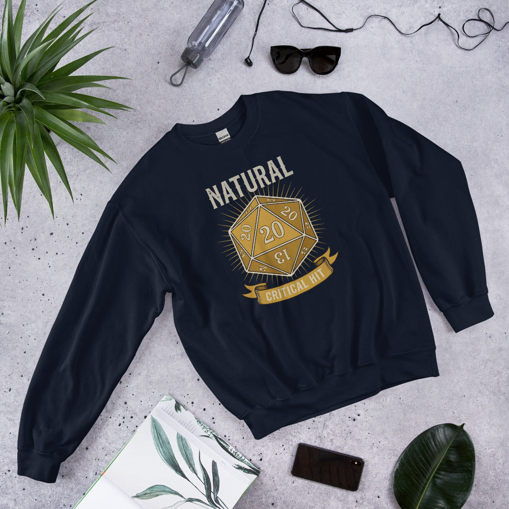 Natural 20 critical hit d20 tabletop RPG crewneck sweatshirt — Navy, front-right