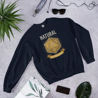 Natural 20 critical hit d20 tabletop RPG crewneck sweatshirt — Navy, front-right