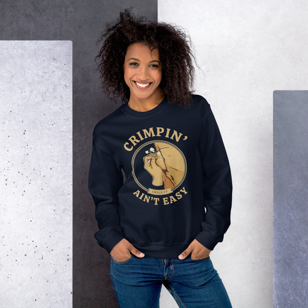 Crimpin' Ain't Easy bouldering badge crewneck sweatshirt — Navy, on model