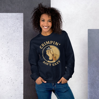 Crimpin' Ain't Easy bouldering badge crewneck sweatshirt — Navy, on model