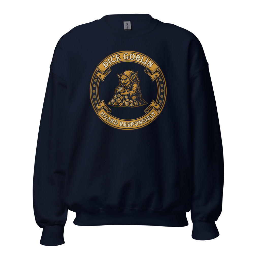 Dice Goblin Hoard Responsibly tabletop RPG crewneck sweatshirt — Navy, front
