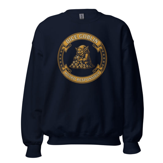 Dice Goblin Hoard Responsibly tabletop RPG crewneck sweatshirt — Navy, front