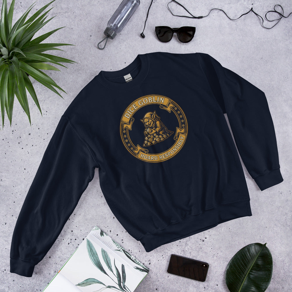 Dice Goblin Hoard Responsibly tabletop RPG crewneck sweatshirt — Navy, front-right