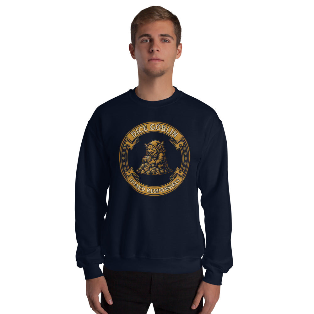Dice Goblin Hoard Responsibly tabletop RPG crewneck sweatshirt — Navy, on model
