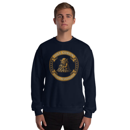 Dice Goblin Hoard Responsibly tabletop RPG crewneck sweatshirt — Navy, on model