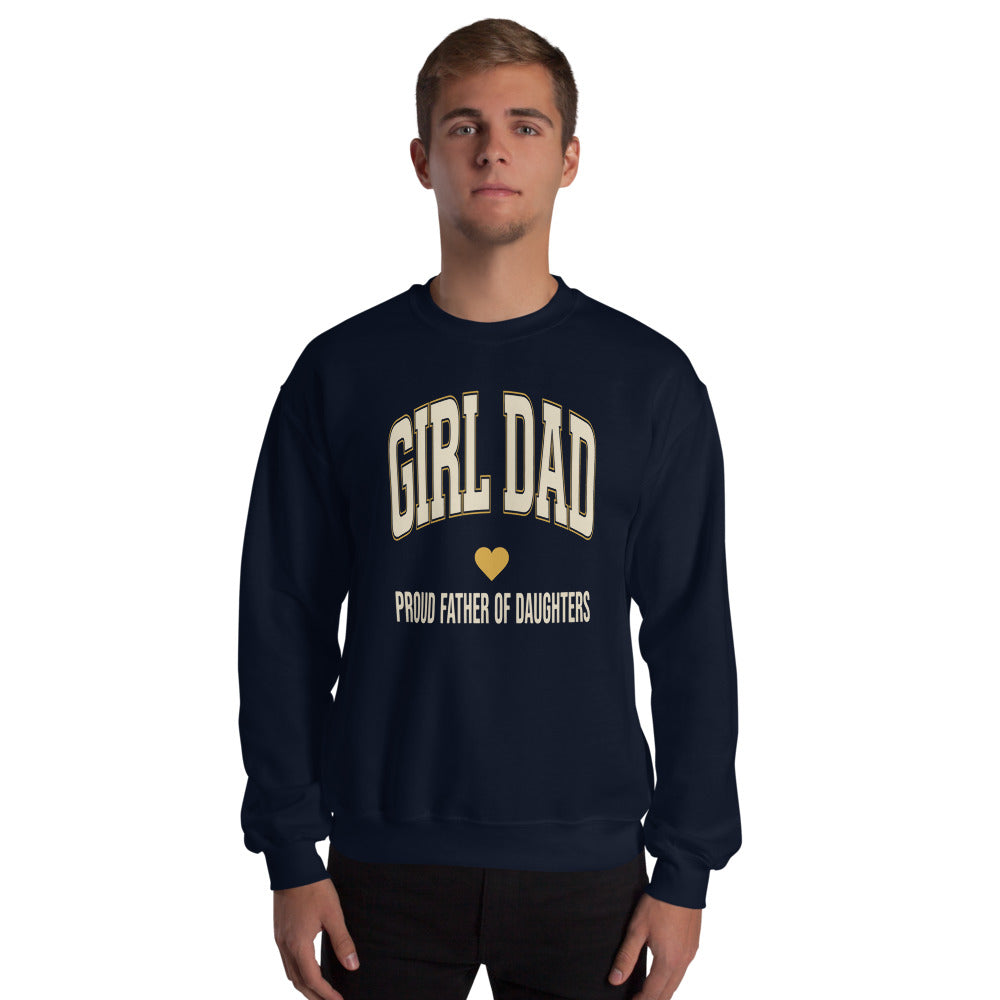 Girl Dad retro varsity crewneck sweatshirt — Navy, on model