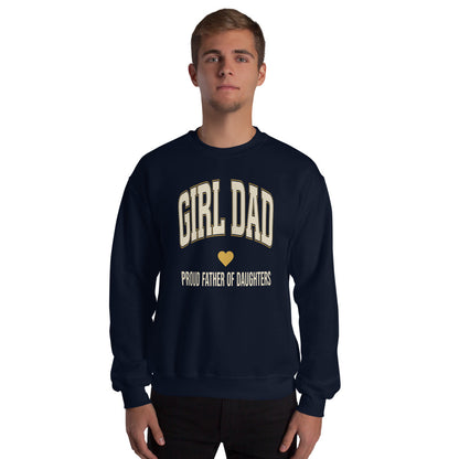 Girl Dad retro varsity crewneck sweatshirt — Navy, on model