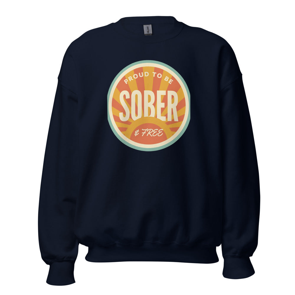 Sober & Proud retro sunburst crewneck sweatshirt — Navy, front