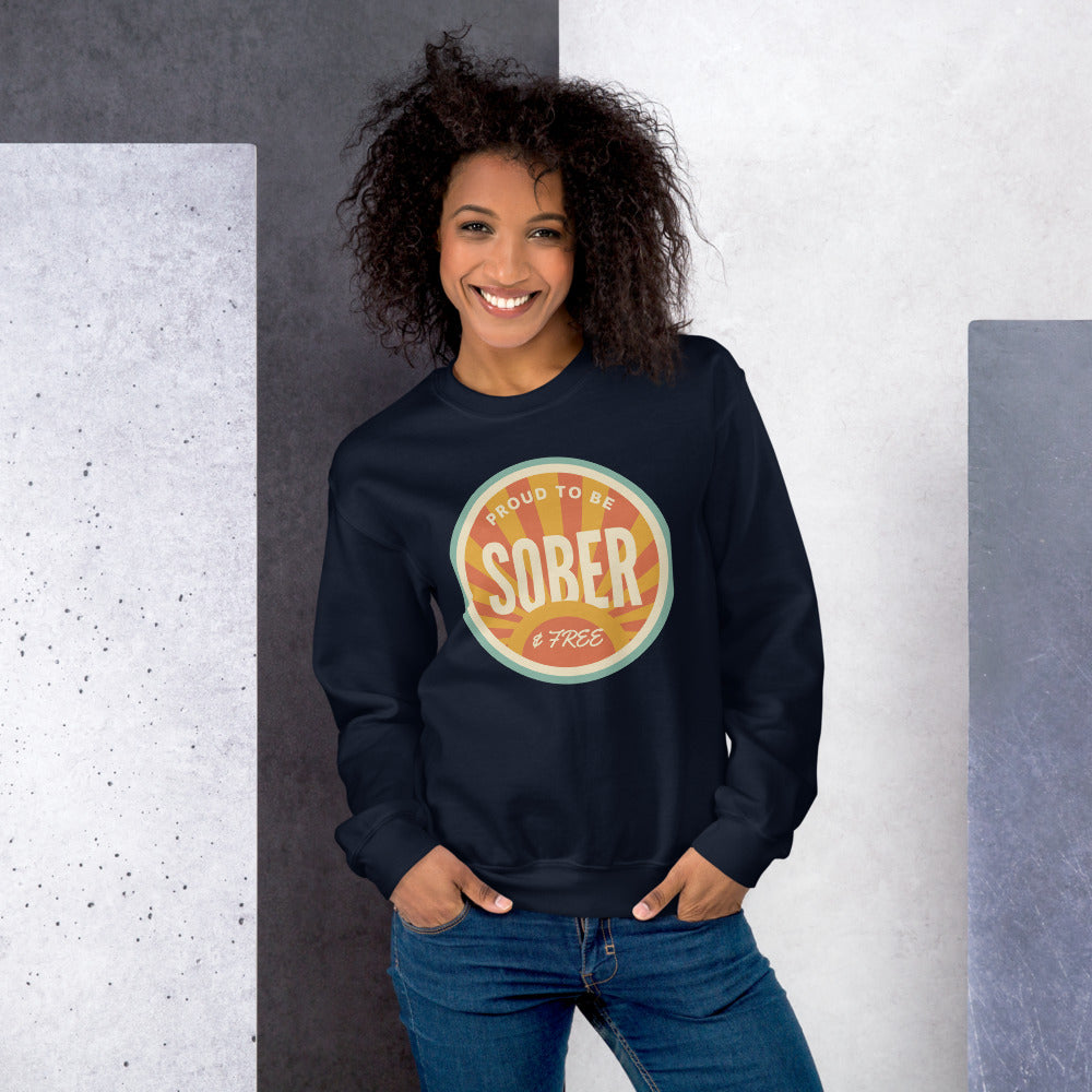 Sober & Proud retro sunburst crewneck sweatshirt — Navy, on model