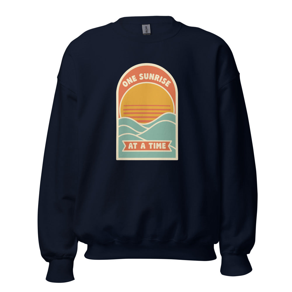 One Sunrise at a Time retro sunrise crewneck sweatshirt — Navy, front
