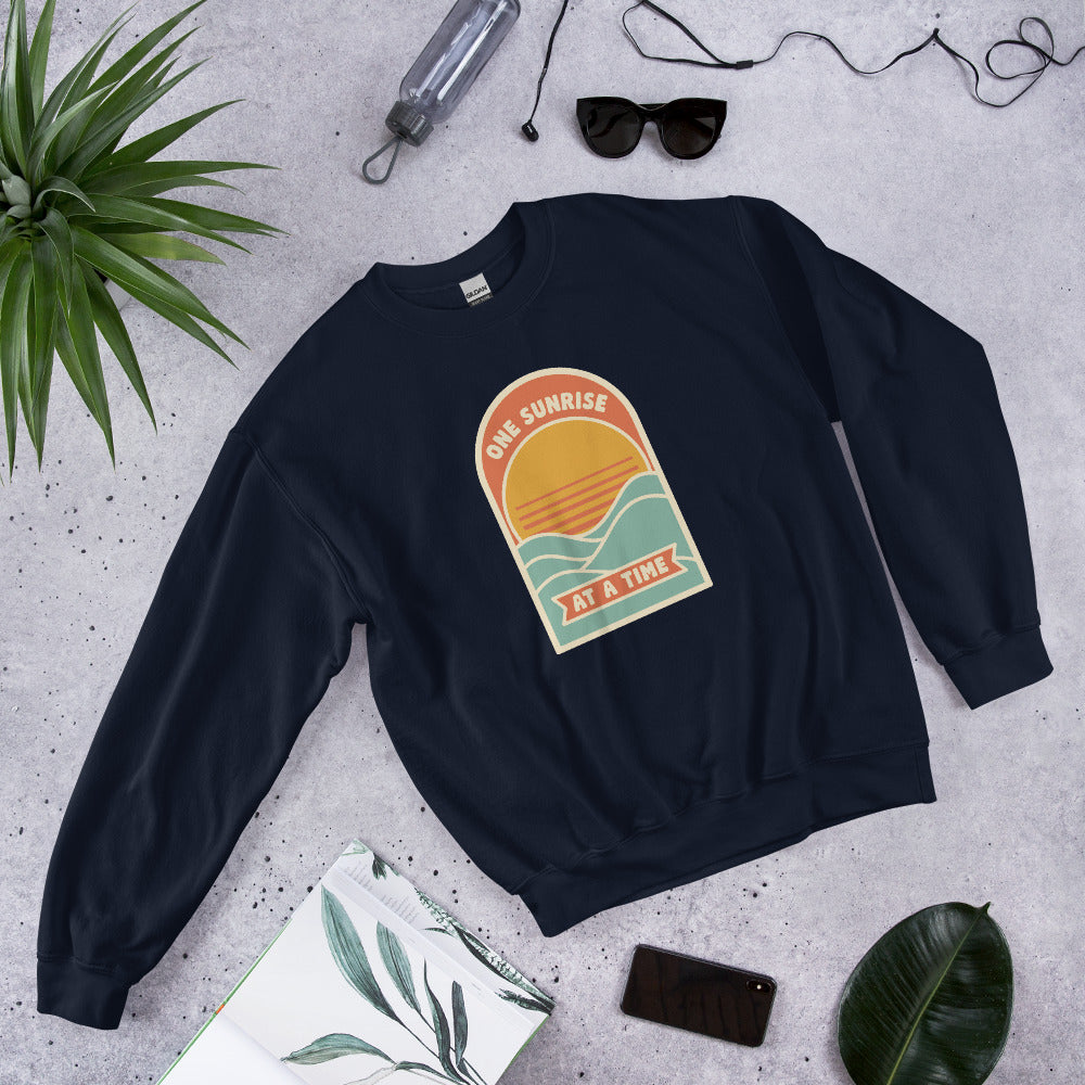 One Sunrise at a Time retro sunrise crewneck sweatshirt — Navy, front-right