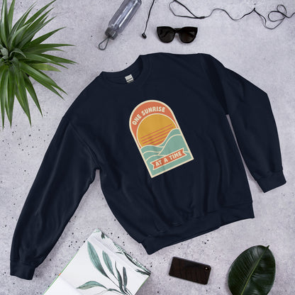 One Sunrise at a Time retro sunrise crewneck sweatshirt — Navy, front-right