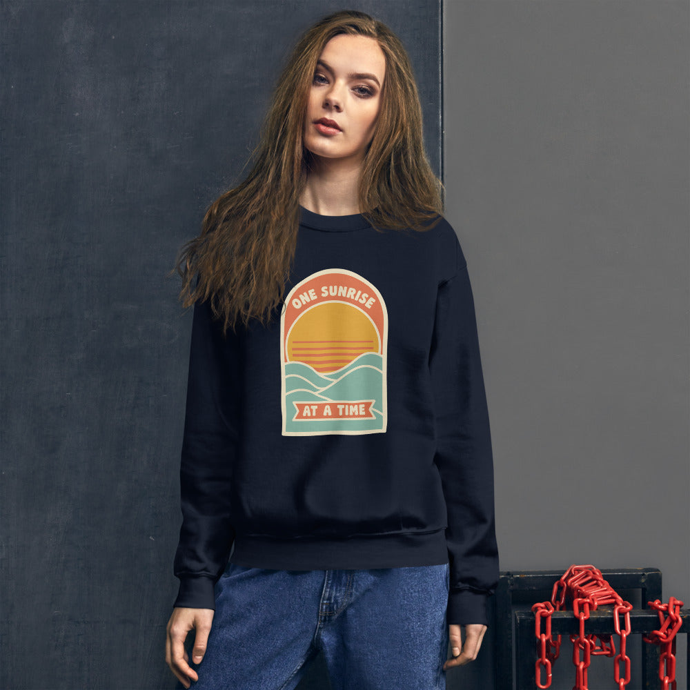 One Sunrise at a Time retro sunrise crewneck sweatshirt — Navy, on model