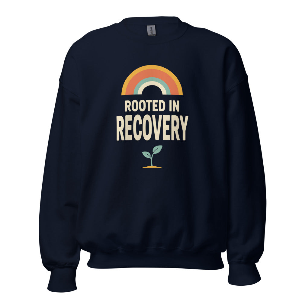 Rooted in Recovery retro rainbow crewneck sweatshirt — Navy, front