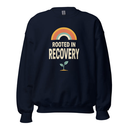 Rooted in Recovery retro rainbow crewneck sweatshirt — Navy, front