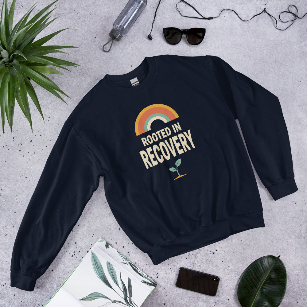 Rooted in Recovery retro rainbow crewneck sweatshirt — Navy, front-right