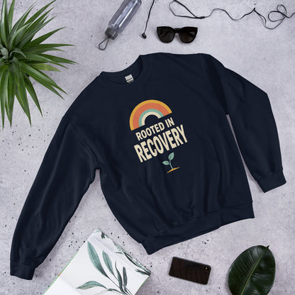 Rooted in Recovery retro rainbow crewneck sweatshirt — Navy, front-right