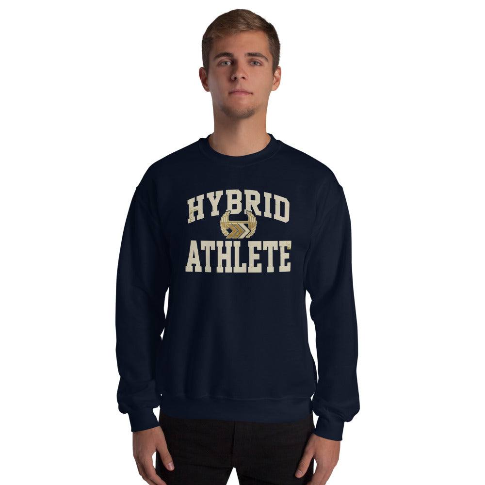 Hybrid Athlete vintage varsity crewneck sweatshirt — Navy, on model