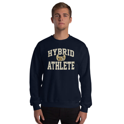 Hybrid Athlete vintage varsity crewneck sweatshirt — Navy, on model