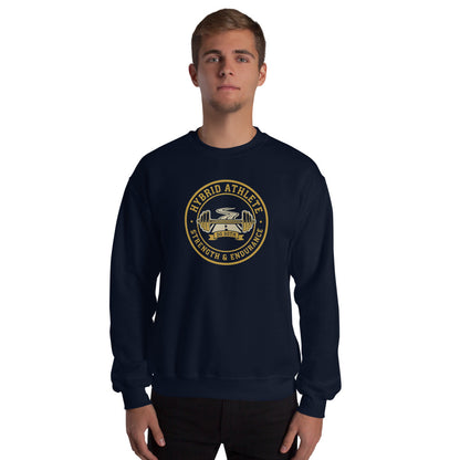 Hybrid Athlete vintage athletic-department crest crewneck sweatshirt — Navy, on model