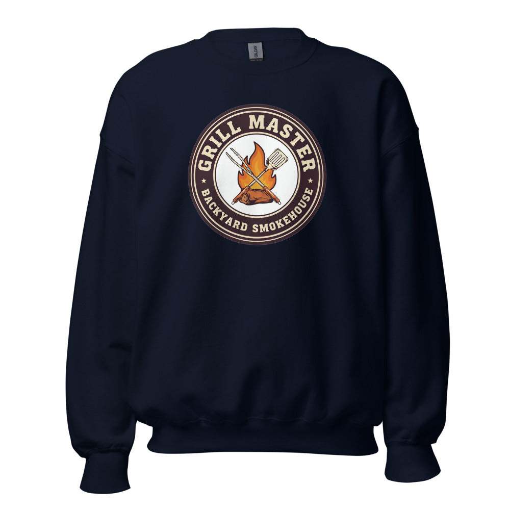 Grill Master retro backyard smokehouse crewneck sweatshirt — Navy, front