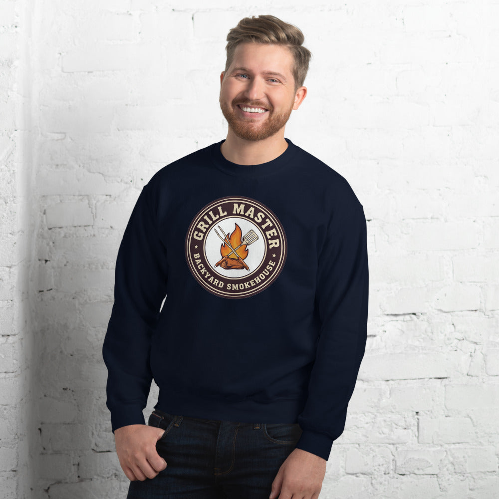 Grill Master retro backyard smokehouse crewneck sweatshirt — Navy, on model