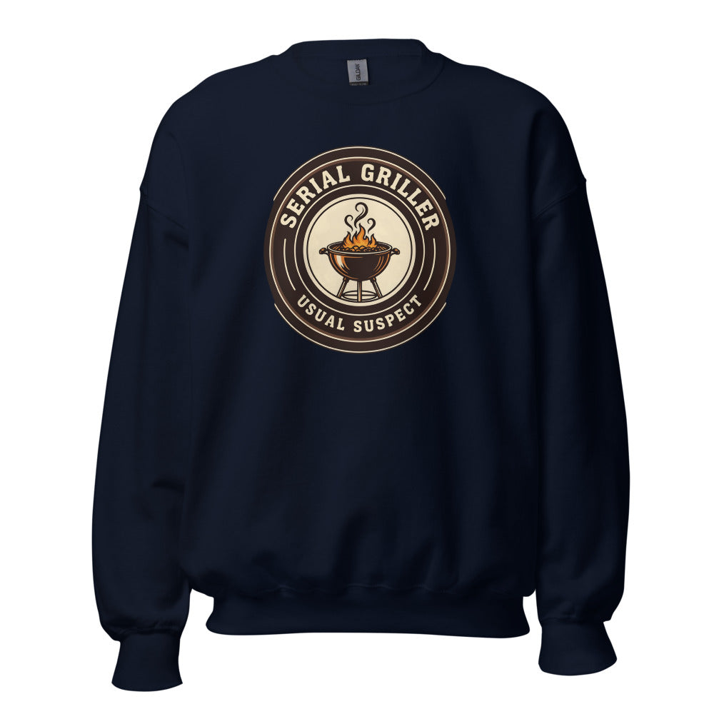 Serial Griller funny BBQ crewneck sweatshirt — Navy, front