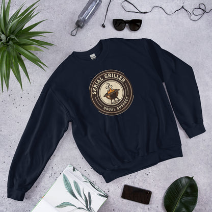 Serial Griller funny BBQ crewneck sweatshirt — Navy, front-right