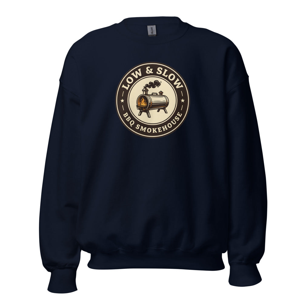 Low & Slow BBQ smoker crewneck sweatshirt — Navy, front