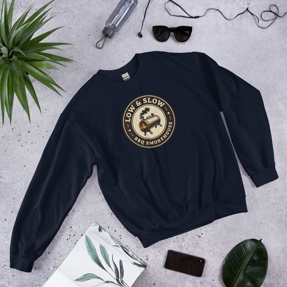 Low & Slow BBQ smoker crewneck sweatshirt — Navy, front-right