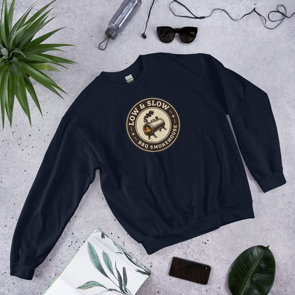 Low & Slow BBQ smoker crewneck sweatshirt — Navy, front-right
