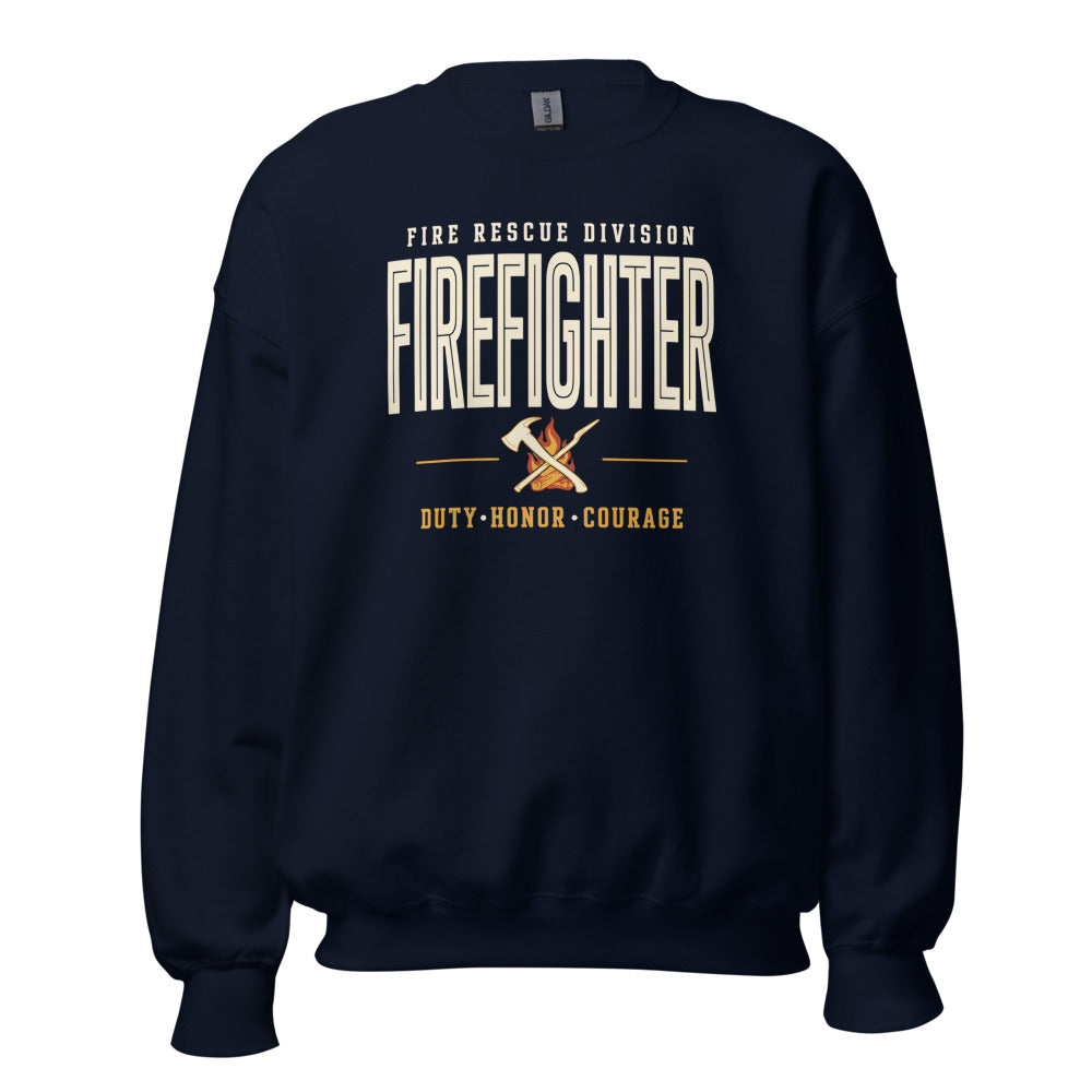 Firefighter collegiate wordmark retro fire-rescue crewneck sweatshirt — Navy, front