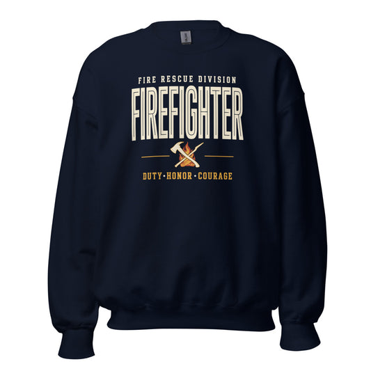 Firefighter collegiate wordmark retro fire-rescue crewneck sweatshirt — Navy, front