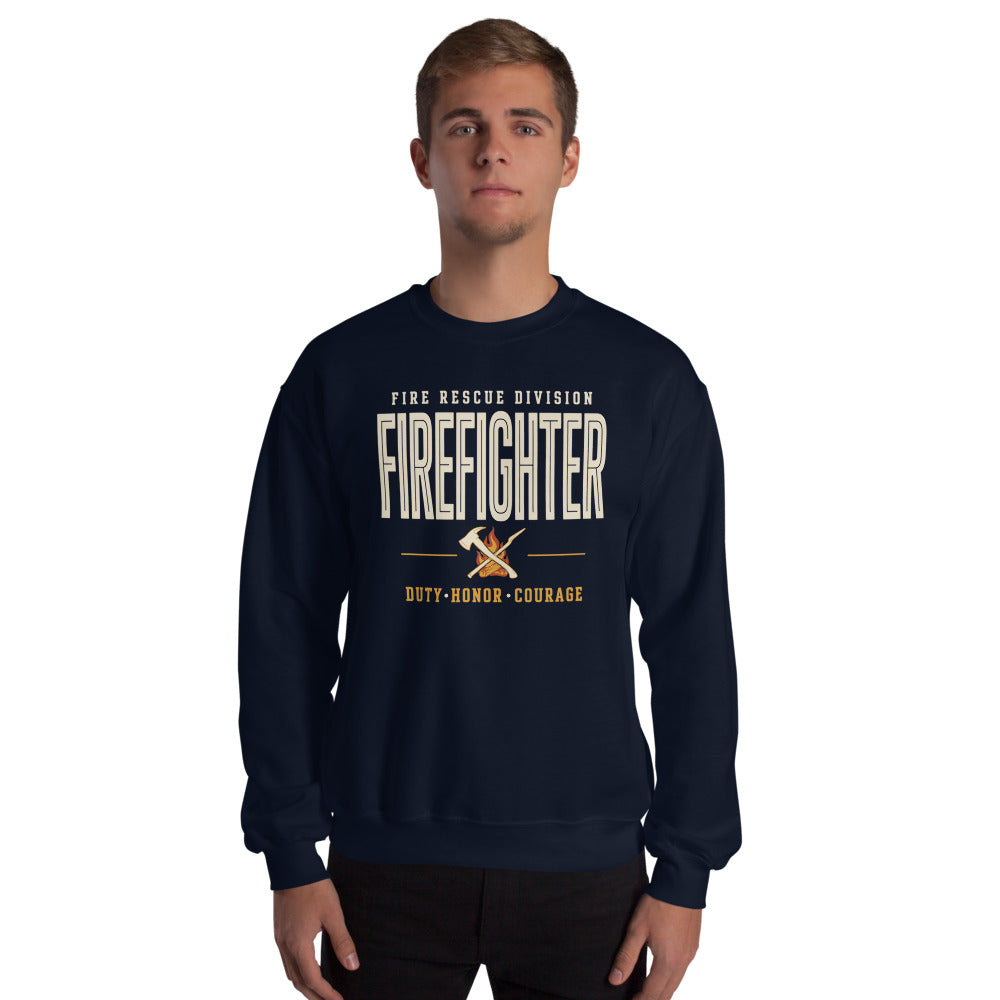 Firefighter collegiate wordmark retro fire-rescue crewneck sweatshirt — Navy, on model