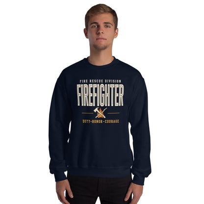 Firefighter collegiate wordmark retro fire-rescue crewneck sweatshirt — Navy, on model