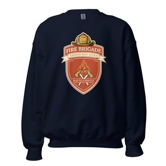 Fire Brigade Earned Not Given retro firefighter shield emblem crewneck sweatshirt — Navy, front