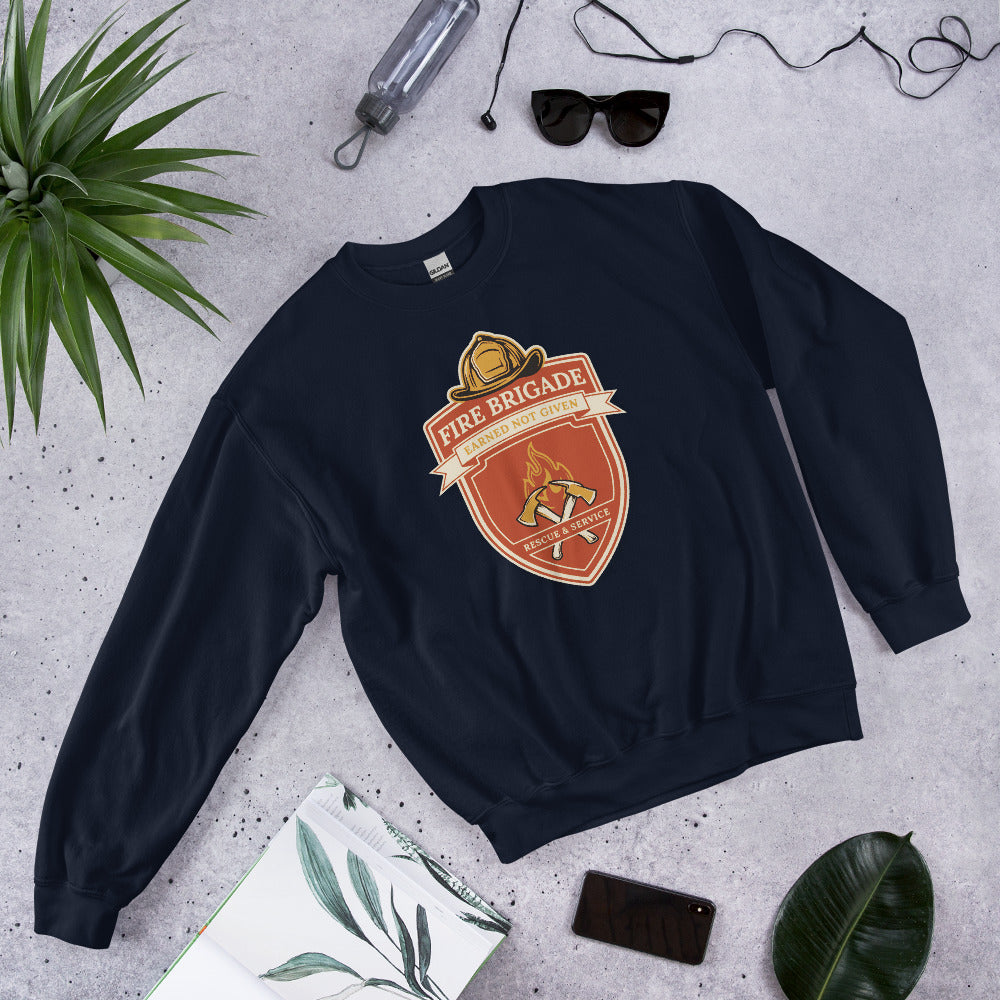 Fire Brigade Earned Not Given retro firefighter shield emblem crewneck sweatshirt — Navy, front-right